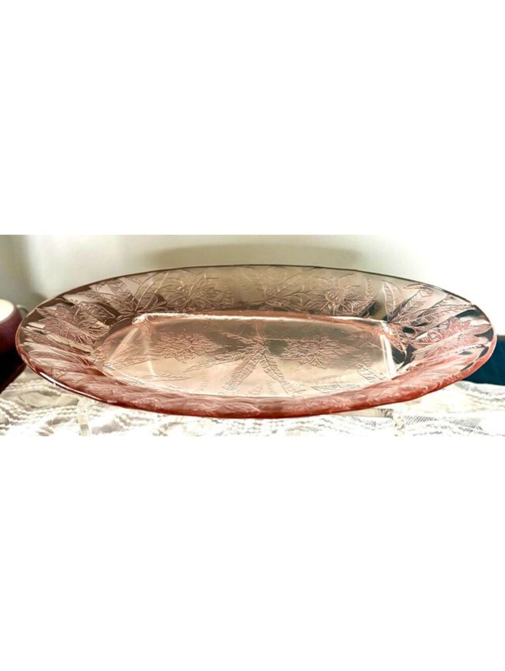 Jeannette Floral Poinsettia Pink Depression Glass Oval Platter 1930s